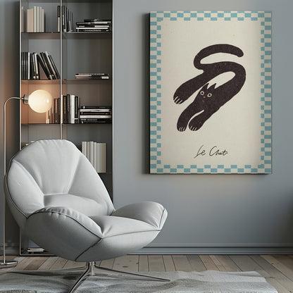 A vintage-style art print of a stylized black cat with an elongated, curving body. The cat has wide eyes and is set against a cream background with a blue and cream checkered border. Below the cat, the words 'Le Chat' are written in cursive script. The artwork is presented in a simple black frame. Print