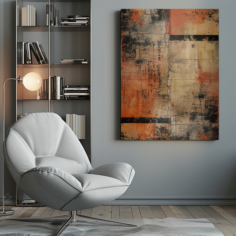 An abstract painting with a heavily textured and cracked surface, dominated by shades of orange, beige, and black. The composition resembles weathered blocks or tiles, with bold black horizontal bands and splatters of black and white paint, all within a thin black frame. Artwork