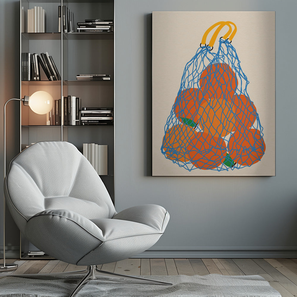 A minimalist illustration of a blue mesh string bag with yellow handles, filled with large, bright orange oranges against a light beige background. Wall Art