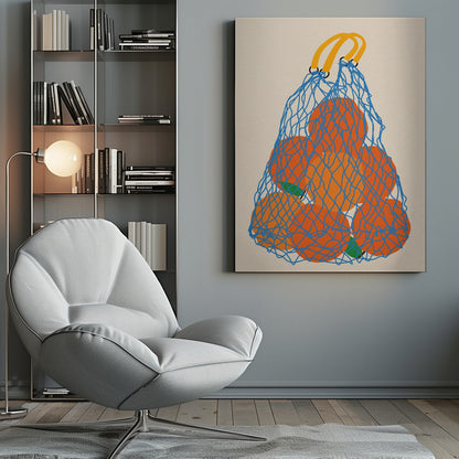 A minimalist illustration of a blue mesh string bag with yellow handles, filled with large, bright orange oranges against a light beige background. Wall Art