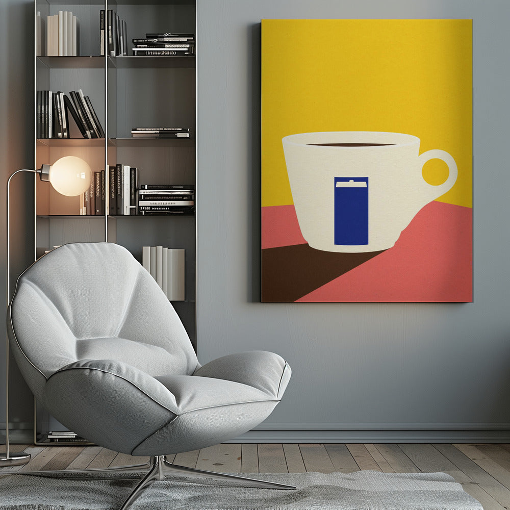 A minimalist pop art illustration of a white coffee cup with a blue TARDIS from Doctor Who on its side, set against a bright yellow background and a pink tabletop. Decor