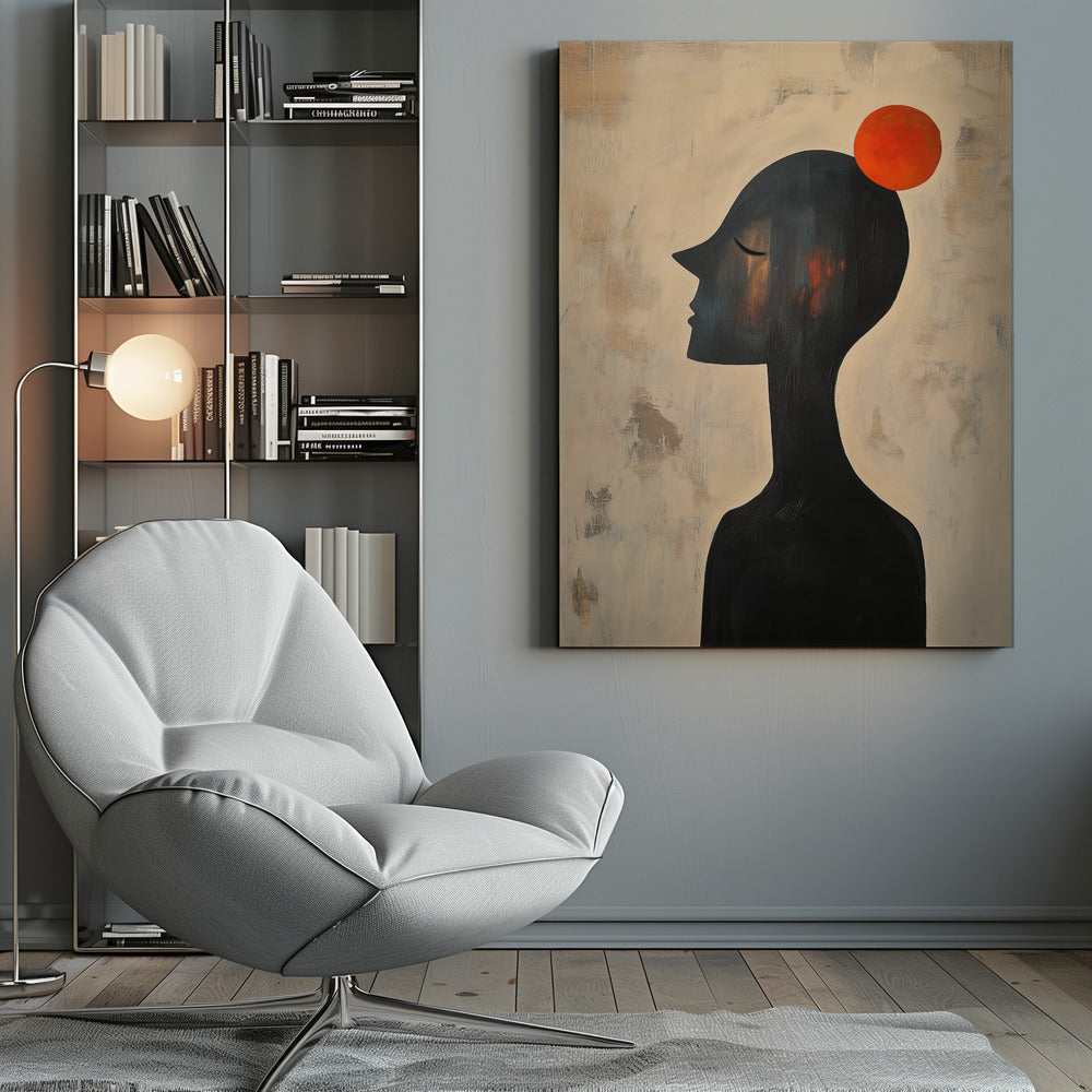An abstract painting of a black silhouette of a person in profile, with their eyes closed. A vibrant orange-red circle is balanced on the top of their head. The background is a textured, distressed beige and off-white. The entire piece is enclosed in a simple black frame. Print
