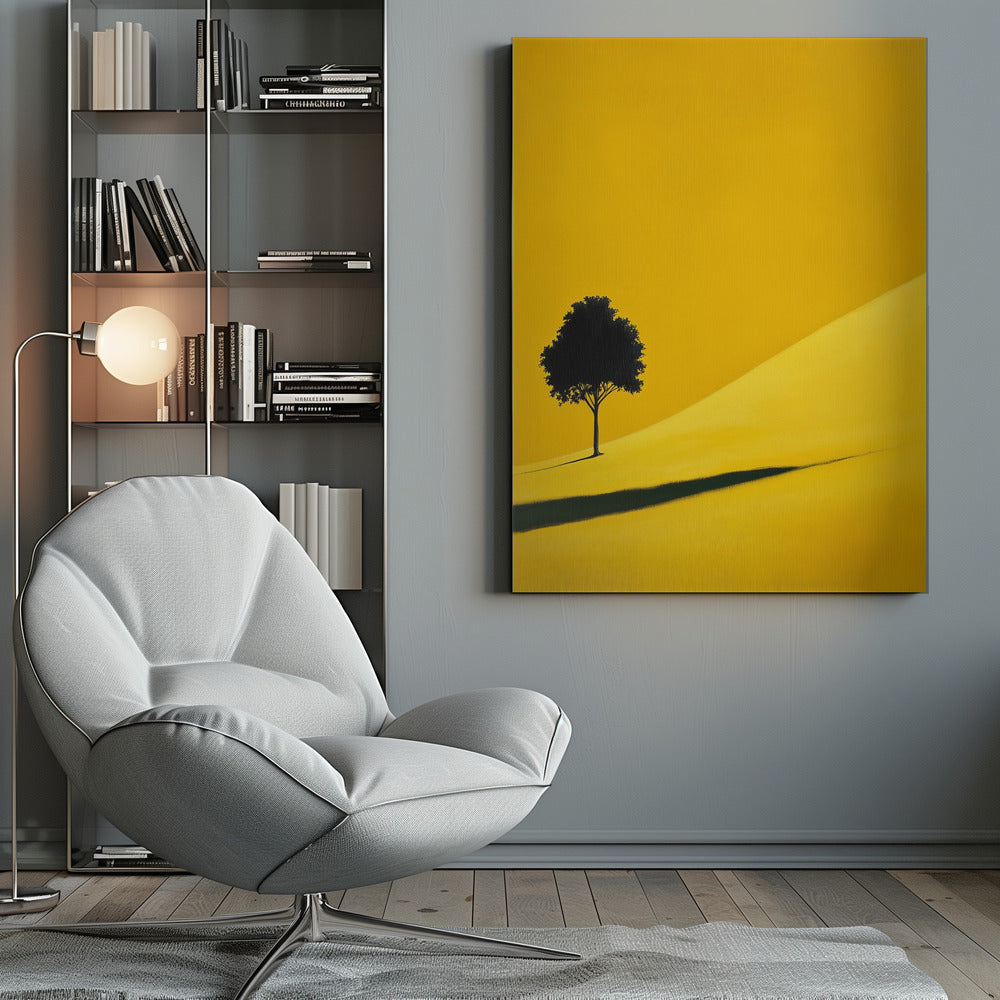 A minimalist painting of a single black tree on a vibrant yellow, rolling hill, casting a long, dark shadow. The background is a solid yellow, creating a stark, modern landscape scene within a black frame. Print