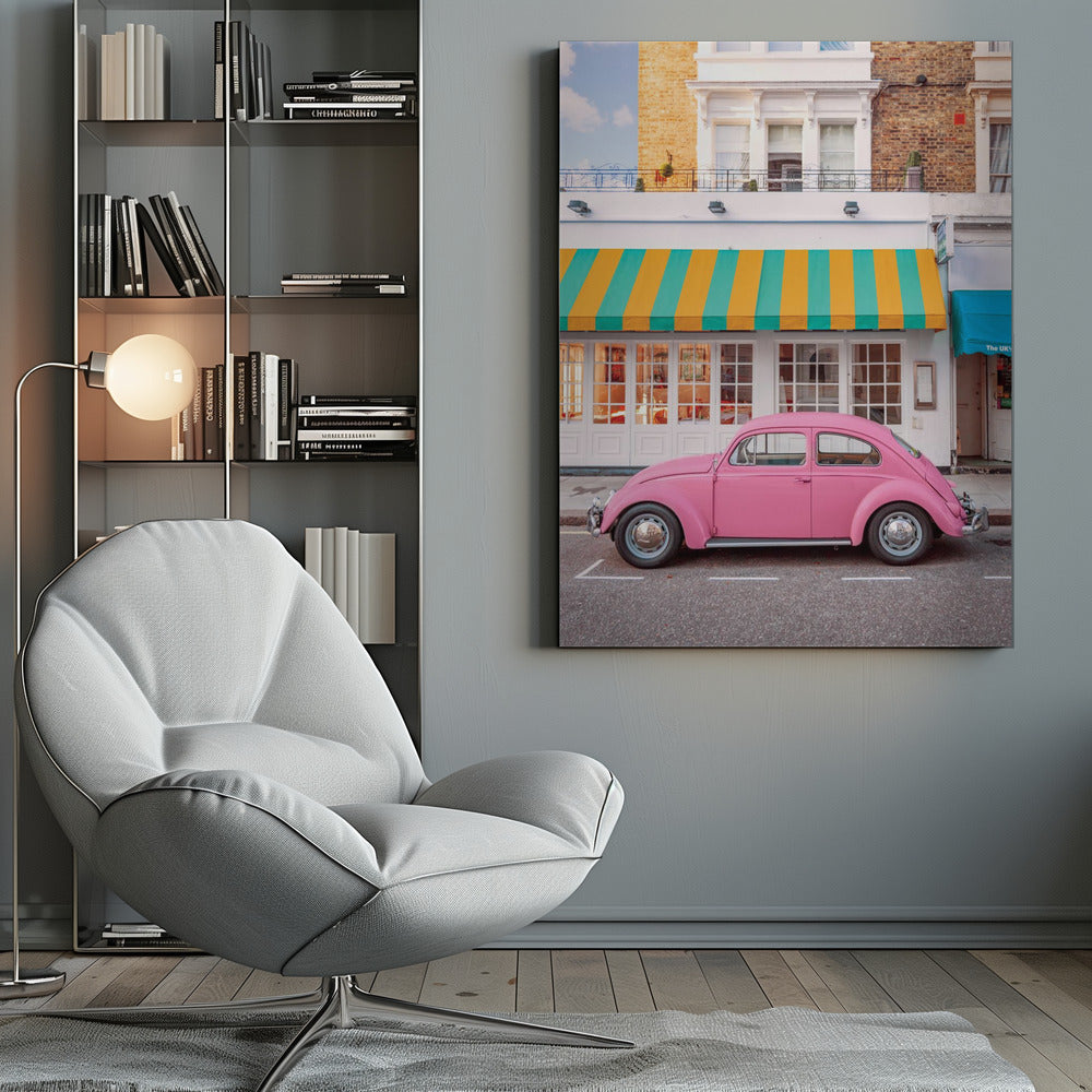 A vibrant, eye-level photograph of a vintage pink Volkswagen Beetle parked on a city street in front of a charming white storefront with a bold yellow and teal striped awning. Wall Art