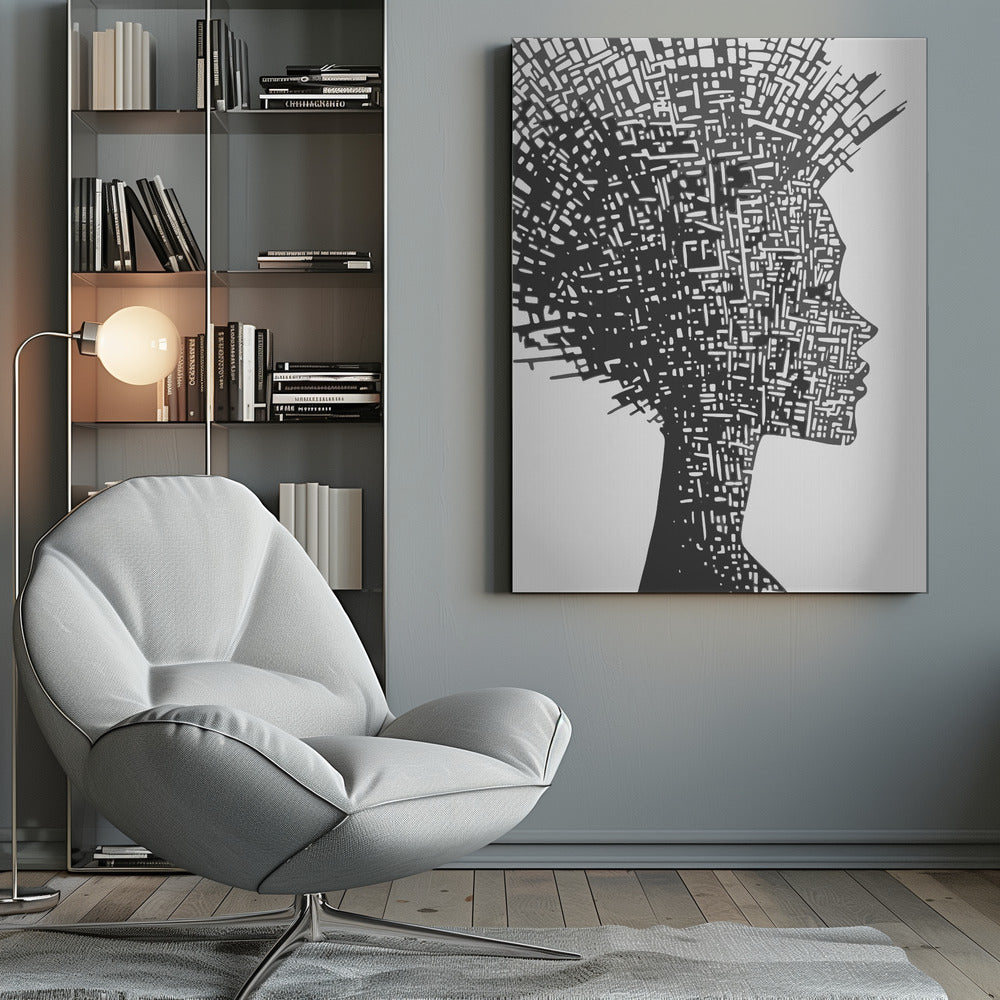 A black and white abstract artwork featuring the silhouette of a woman in profile against a white background. The silhouette is filled with an intricate, maze-like pattern of white lines and shapes, resembling a circuit board or an aerial city map. The entire piece is encased in a simple black frame. Print
