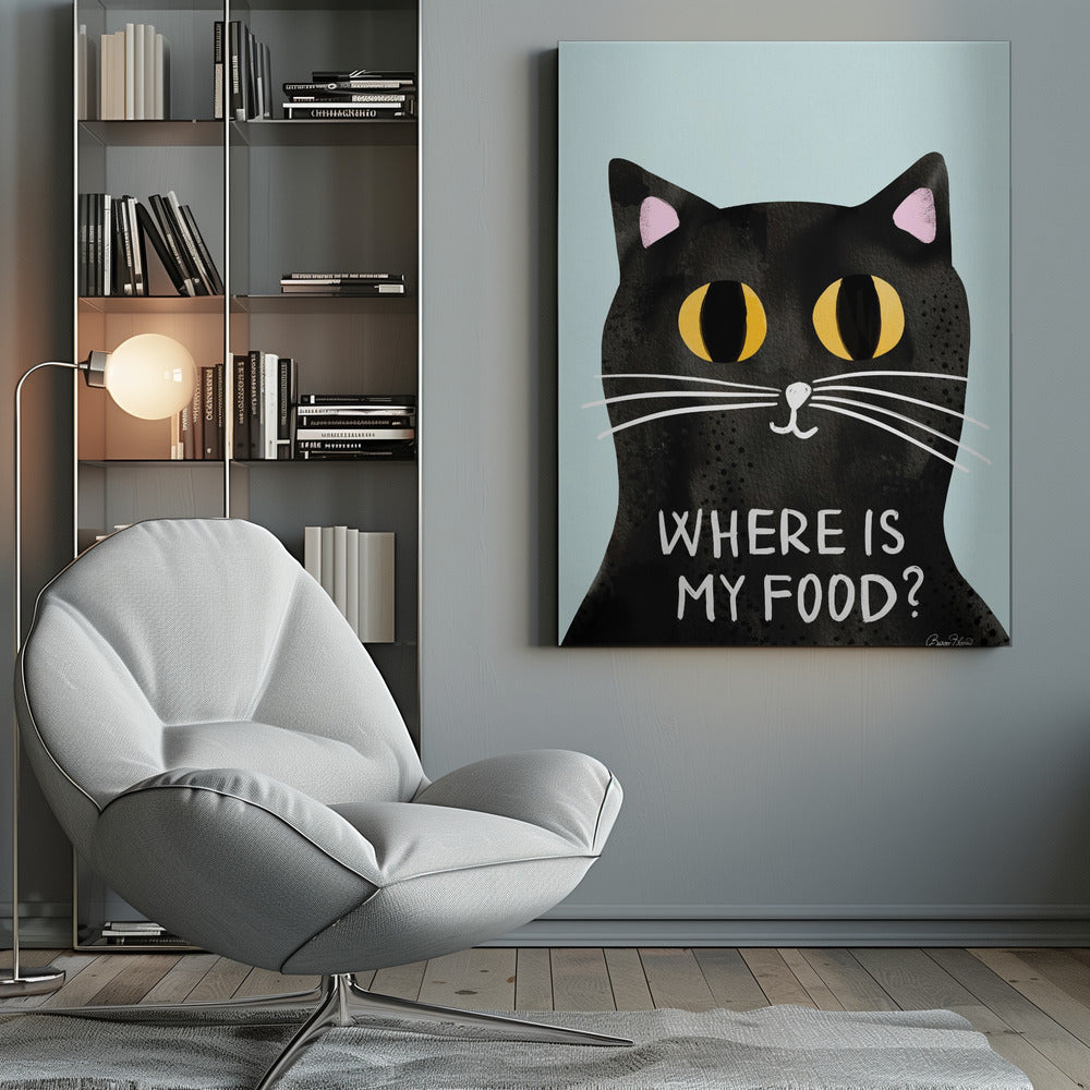 A humorous art print of a black cat with large, expressive yellow eyes looking forward against a light blue background. Below the cat's face, the phrase 'WHERE IS MY FOOD?' is written in a white, uppercase, handwritten-style font. Wall Art