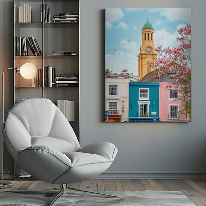 A vibrant city street scene on a sunny day, featuring a row of colorful houses in teal, pink, and off-white. A striking yellow clock tower with a green dome stands tall against a bright blue sky, with a blooming pink magnolia tree in the foreground. Print