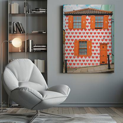 The front facade of a whimsical two-story house with white walls covered in a pattern of red hearts. The house has bright orange shutters on its windows and a matching orange front door, creating a vibrant and playful look against the heart-patterned background. Artwork