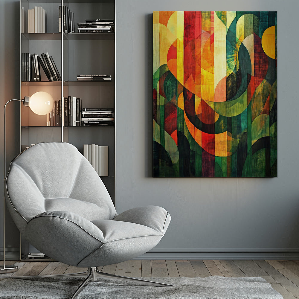 A vibrant abstract artwork with a wood grain texture, featuring vertical stripes overlaid with curved and circular shapes. The color palette shifts from warm reds and yellows on the left to cool, deep greens on the right, all enclosed in a thin black frame. Artwork