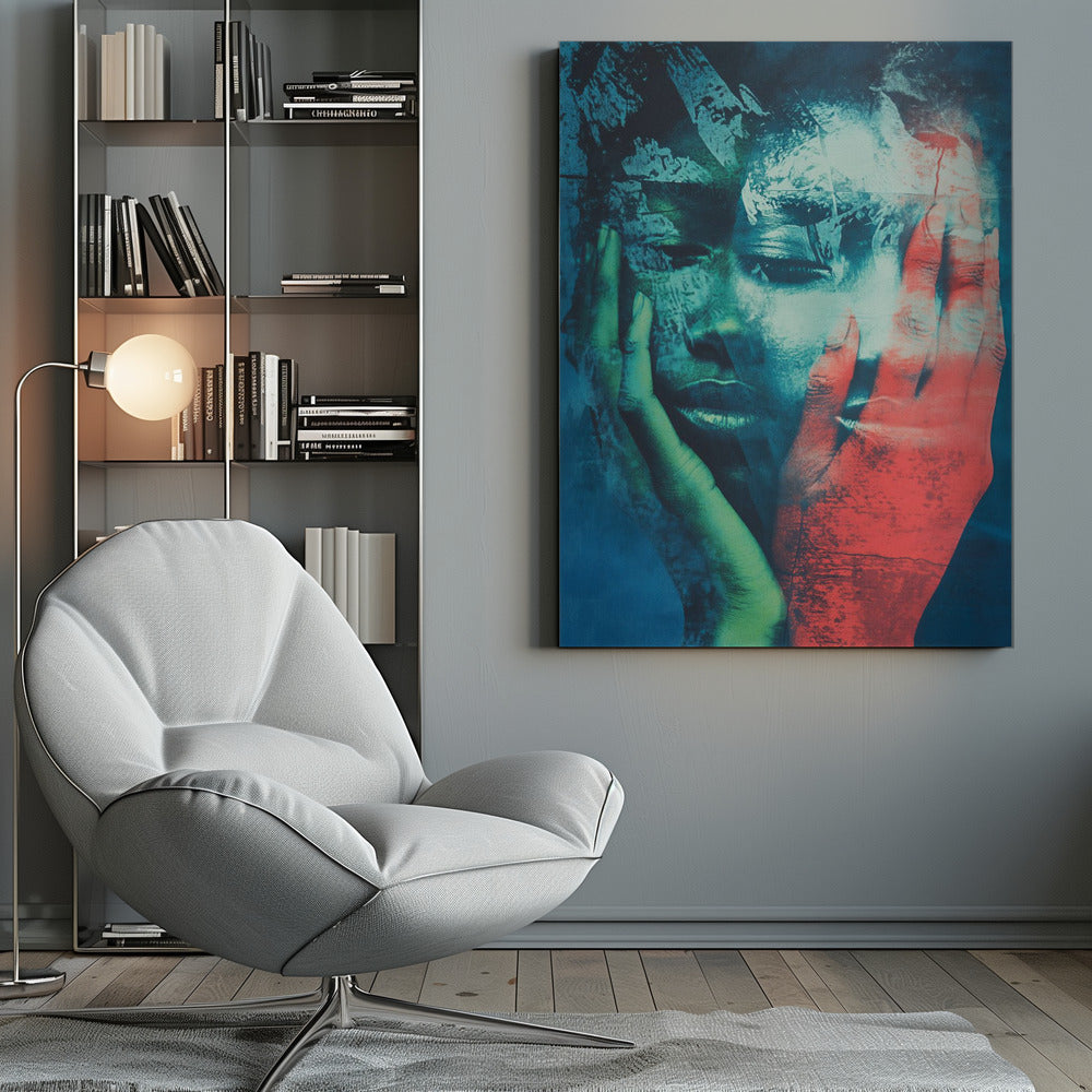 An abstract, heavily textured portrait of a person holding their face in their hands. The artwork uses a dramatic color palette of deep blues, teals, and black, with one hand rendered in a striking red and the other in a greenish hue, creating a fragmented and emotional visual. Poster