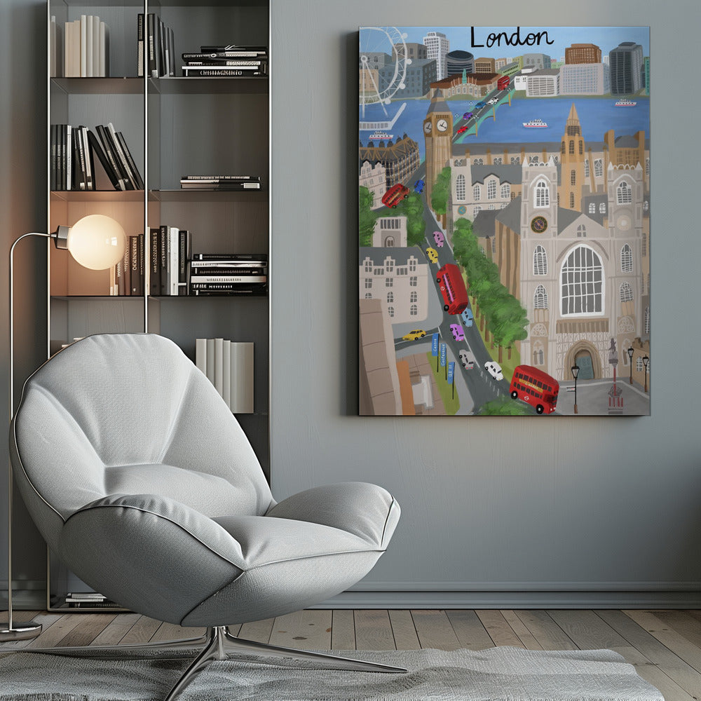 A stylized travel poster illustration of London, featuring iconic landmarks like Big Ben, Westminster Abbey, and the London Eye. The scene is bustling with red double-decker buses and colorful cars crossing a bridge over the River Thames, with the city skyline in the background and the word 'London' written at the top. Print
