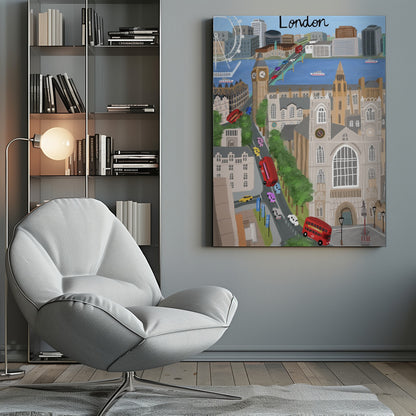 A stylized travel poster illustration of London, featuring iconic landmarks like Big Ben, Westminster Abbey, and the London Eye. The scene is bustling with red double-decker buses and colorful cars crossing a bridge over the River Thames, with the city skyline in the background and the word 'London' written at the top. Print