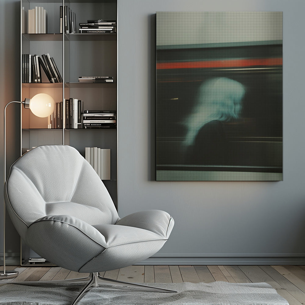 An abstract photograph with motion blur, featuring the ghostly silhouette of a person's head and shoulders in pale blue. The dark background is streaked with horizontal lines of red and white light, suggesting the speed of a passing train or subway. Wall Art