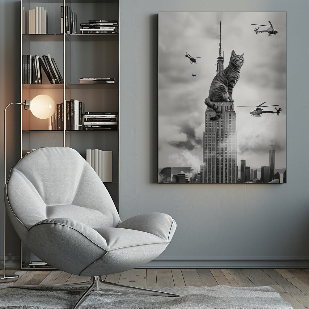 A surreal black and white image depicting a giant tabby cat sitting on top of the Empire State Building, similar to King Kong. Helicopters fly around the colossal cat against a cloudy New York City skyline. Decor