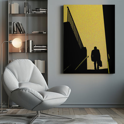 A high-contrast graphic poster featuring the black silhouette of a man walking down a flight of stairs. He is moving from a bright, speckled yellow background into a dark foreground. To the left is the stark silhouette of another staircase and railing, creating a dramatic, mysterious, film noir-style scene. Print
