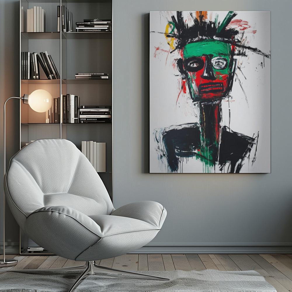 An abstract neo-expressionist portrait of a figure with a green and red face, wide, frantic eyes, and spiky black hair against a stark white background, painted with raw, energetic brushstrokes. Artwork