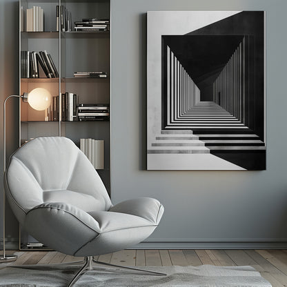 A stark black and white architectural illustration of a seemingly infinite corridor. Strong perspective lines are created by alternating black and white stripes on the walls and floor, creating a powerful optical illusion. Concrete steps lead into the scene from the foreground, and a faint, solitary figure stands in the distant shadows. Wall Art