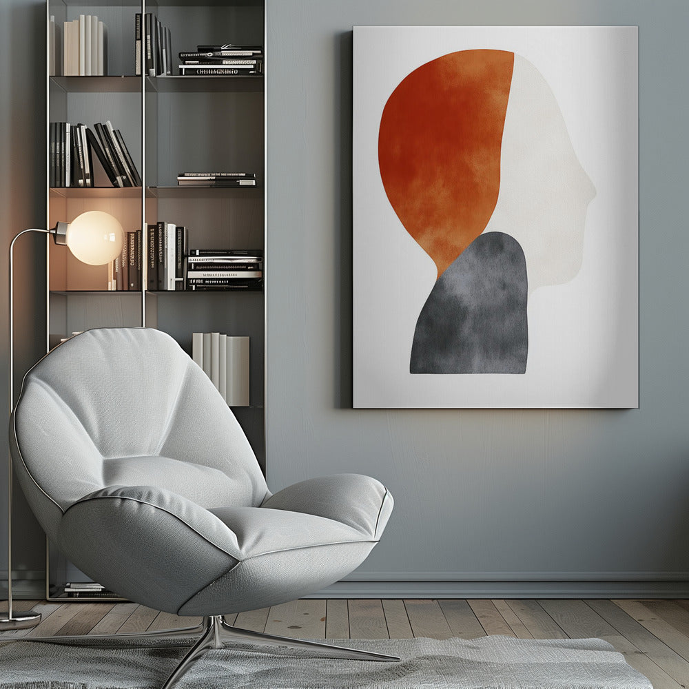 A minimalist abstract painting of a human silhouette in profile, framed in black. The artwork uses three overlapping organic shapes with a watercolor texture: a burnt orange shape for the back of the head, a dark grey shape for the shoulders, and an off-white shape for the face, all on a white background. Artwork