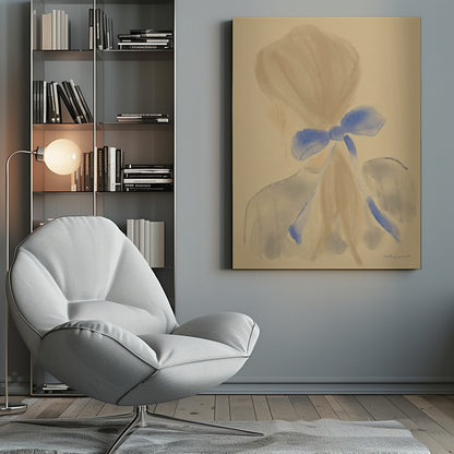 A soft, impressionistic painting of the back of a person's head and shoulders against a warm beige background. Their light brown hair is gathered, and a prominent, vibrant blue bow is tied at the back of their neck, with long ribbons trailing down. The style is painterly and minimalist, with soft, blended brushstrokes. Poster