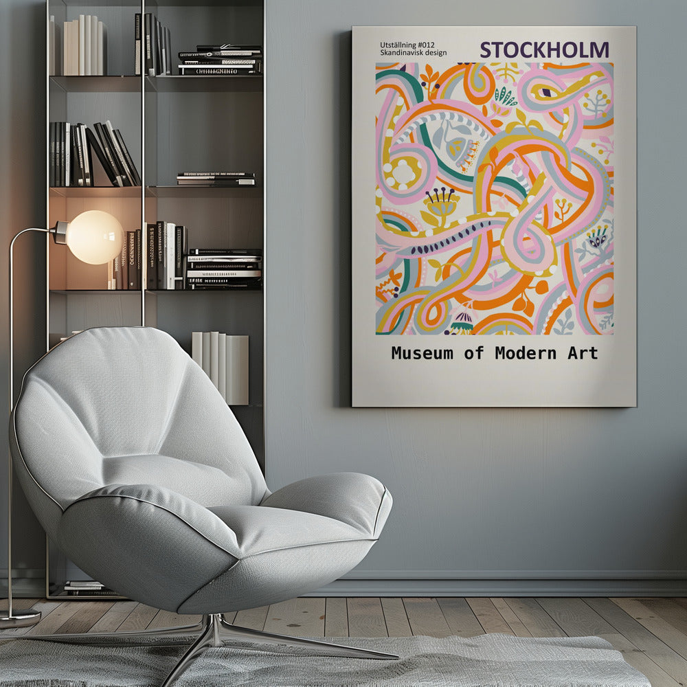 A Scandinavian design poster for the Stockholm Museum of Modern Art. The artwork features a vibrant and complex abstract pattern with intertwining ribbons and stylized floral elements in shades of pink, orange, yellow, teal, and light blue on a cream background. The poster is framed in black. Artwork