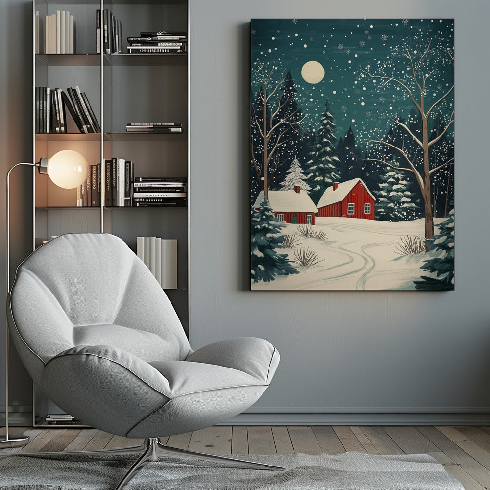 A stylized art print of a serene winter night scene, featuring two red cabins with snow-covered roofs nestled in a dark evergreen forest. A large, pale moon hangs in the dark teal sky as snowflakes fall, blanketing the landscape and bare trees in white. Decor