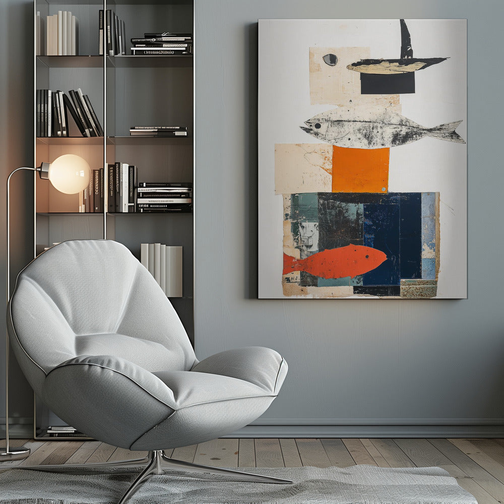 A vertical abstract collage in a black frame, featuring layered geometric shapes in white, beige, orange, and dark blue. The composition includes three fish illustrations: a black and white fish in the middle, a bright orange-red fish at the bottom, and a black abstract shape resembling a boat or bird at the top. Artwork