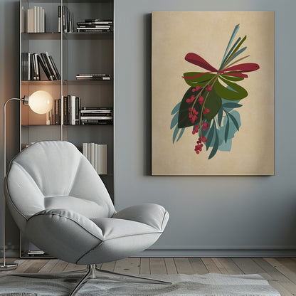 A framed illustration of a festive botanical sprig against a textured beige background. The sprig features green and teal leaves, dangling clusters of red berries, and is tied together with a red ribbon. Decor