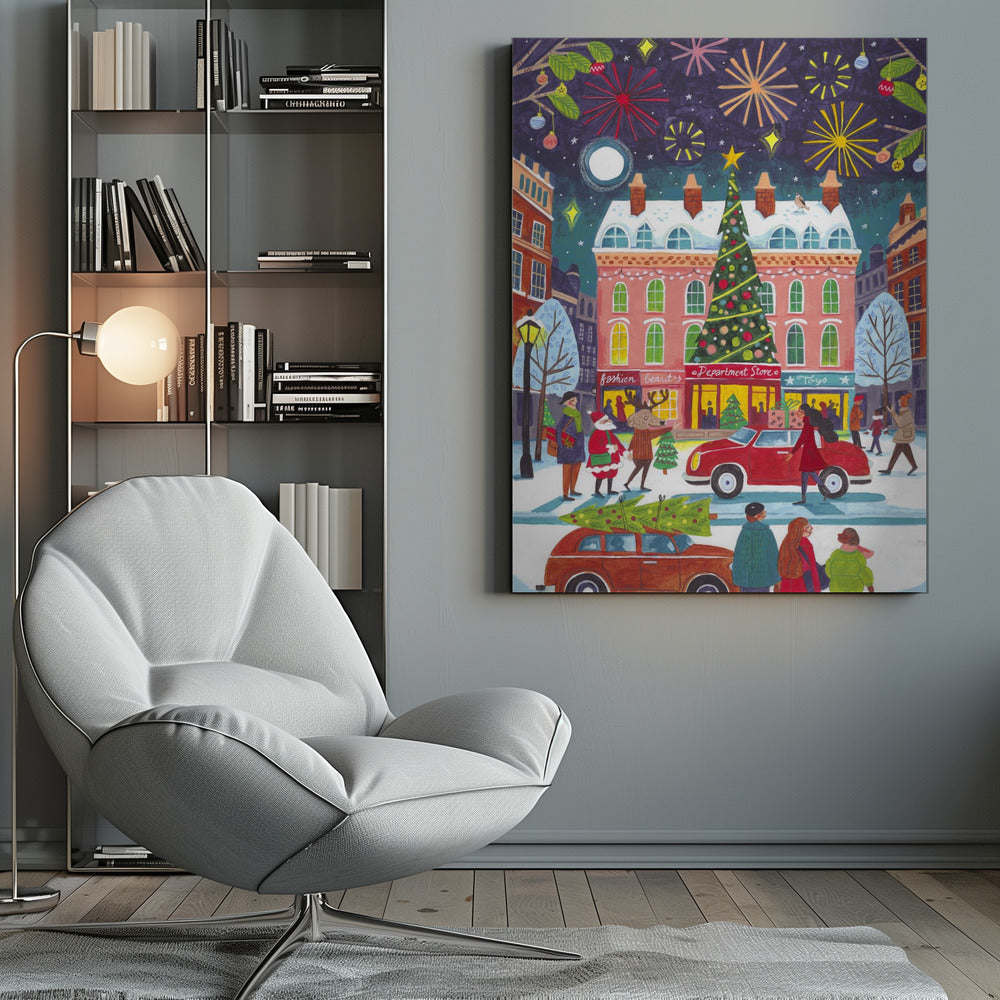 A whimsical illustration of a bustling city street at night during winter. The scene is festive, with a large decorated Christmas tree in front of a pink department store, fireworks lighting up the dark sky, and snow-covered streets filled with people, cars, Santa Claus, and a reindeer. Print