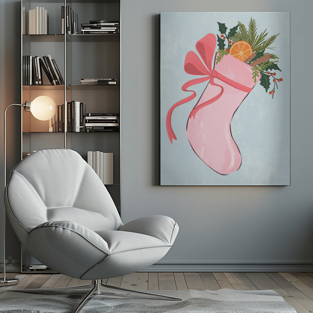 A festive illustration of a pink Christmas stocking against a light blue textured background. The stocking is tied with a large pink ribbon and is filled with holiday greenery, including holly with red berries, pine needles, a slice of dried orange, and cinnamon sticks. Decor