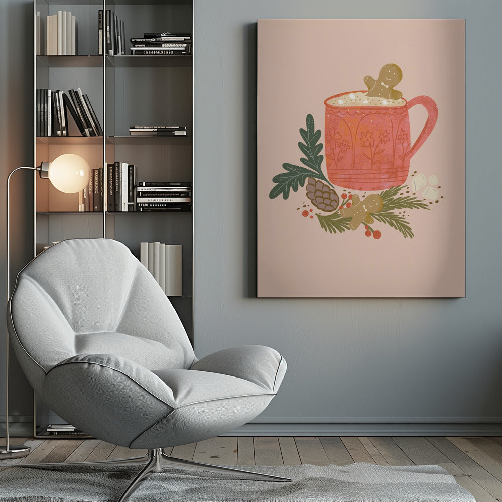 A charming holiday illustration of a red mug filled with hot chocolate and marshmallows, with a gingerbread man cookie peeking out. The mug sits on a bed of pine branches, a pinecone, and red berries, with another gingerbread man lying nearby, all against a solid light pink background. Wall Art