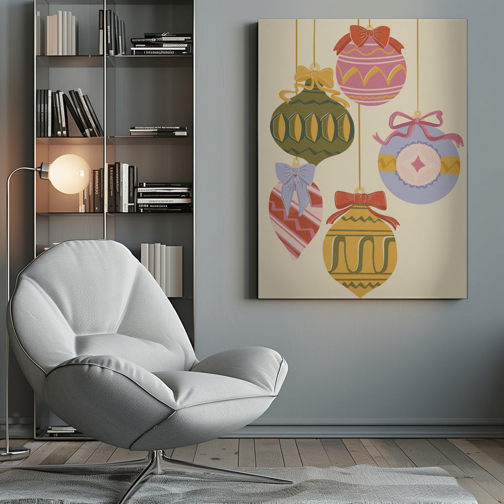 A vintage-style illustration of five colorful Christmas ornaments hanging against a cream background. Each uniquely shaped and patterned ornament is topped with a decorative bow, featuring a muted color palette of pink, green, yellow, red, and blue. Wall Art
