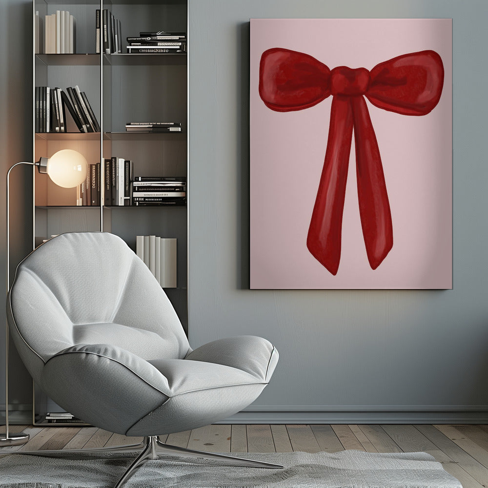 A digital painting of a large, shiny red ribbon tied into a bow, centered against a solid light pink background. The artwork is shown within a thin black frame. Print