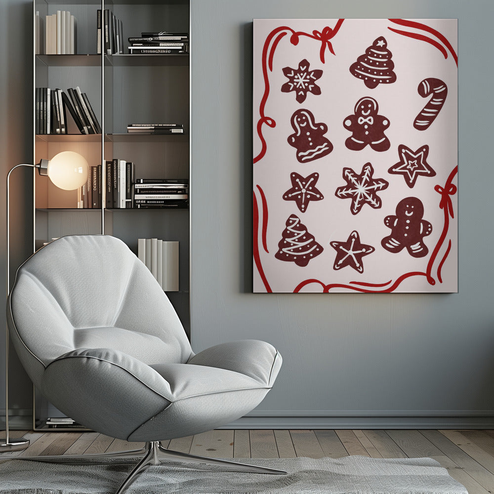 An illustration of various gingerbread Christmas cookies, including gingerbread men, trees, stars, and a candy cane, decorated with white icing. The cookies are on a light pink background and framed by a red ribbon border. Wall Art
