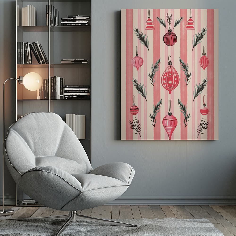 A framed art print with a festive pattern of various red and pink Christmas ornaments and pine sprigs. The background features vertical stripes in shades of pink and off-white, creating a cheerful, retro holiday aesthetic. Poster