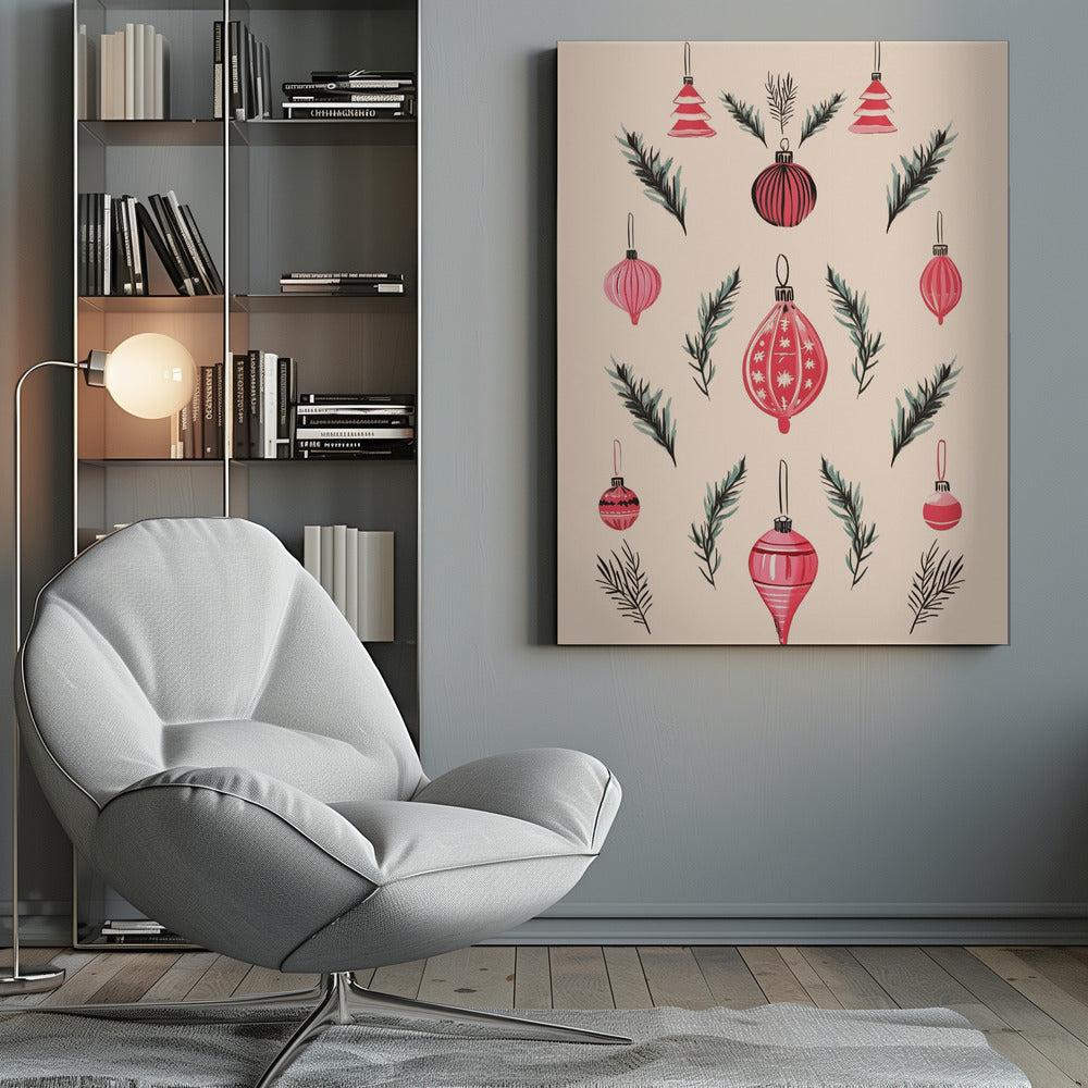 A framed art print featuring a symmetrical pattern of hand-painted red and pink Christmas ornaments and dark green pine sprigs against a cream-colored background. Poster