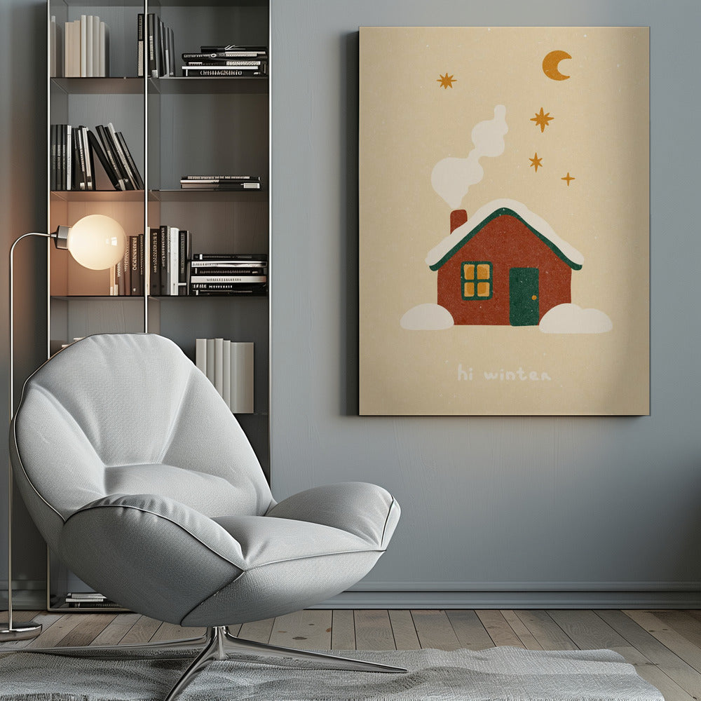A cozy, stylized illustration of a red house with a green, snow-covered roof. White smoke curls from the chimney into a beige night sky with a yellow crescent moon and stars. Below the house, the words 'hi winter' are written in a simple, friendly font. Poster