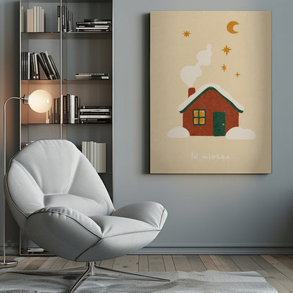 A cozy, stylized illustration of a red house with a green, snow-covered roof. White smoke curls from the chimney into a beige night sky with a yellow crescent moon and stars. Below the house, the words 'hi winter' are written in a simple, friendly font. Poster