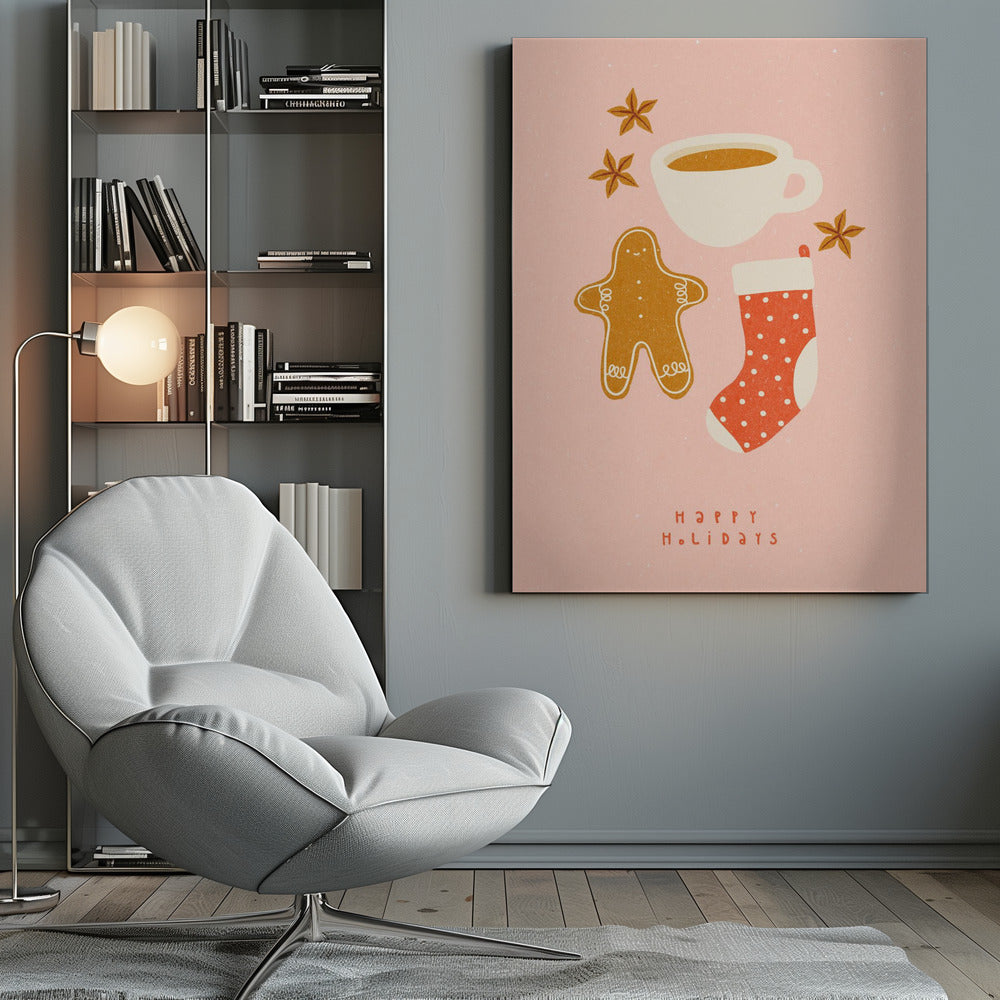 A festive illustration on a pink textured background featuring a gingerbread man, a cup of coffee, a red polka-dot Christmas stocking, and star anise spices. Below the items, the words 'HAPPY HOLIDAYS' are written in a simple red font. Print