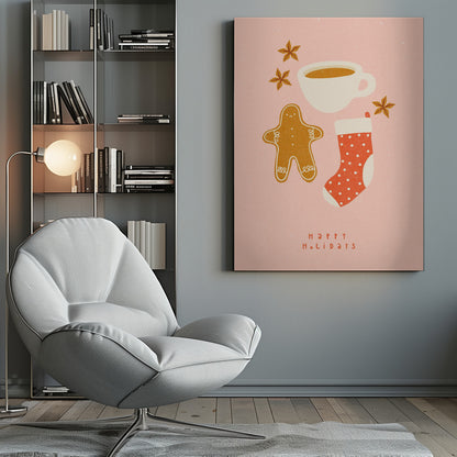 A festive illustration on a pink textured background featuring a gingerbread man, a cup of coffee, a red polka-dot Christmas stocking, and star anise spices. Below the items, the words 'HAPPY HOLIDAYS' are written in a simple red font. Print