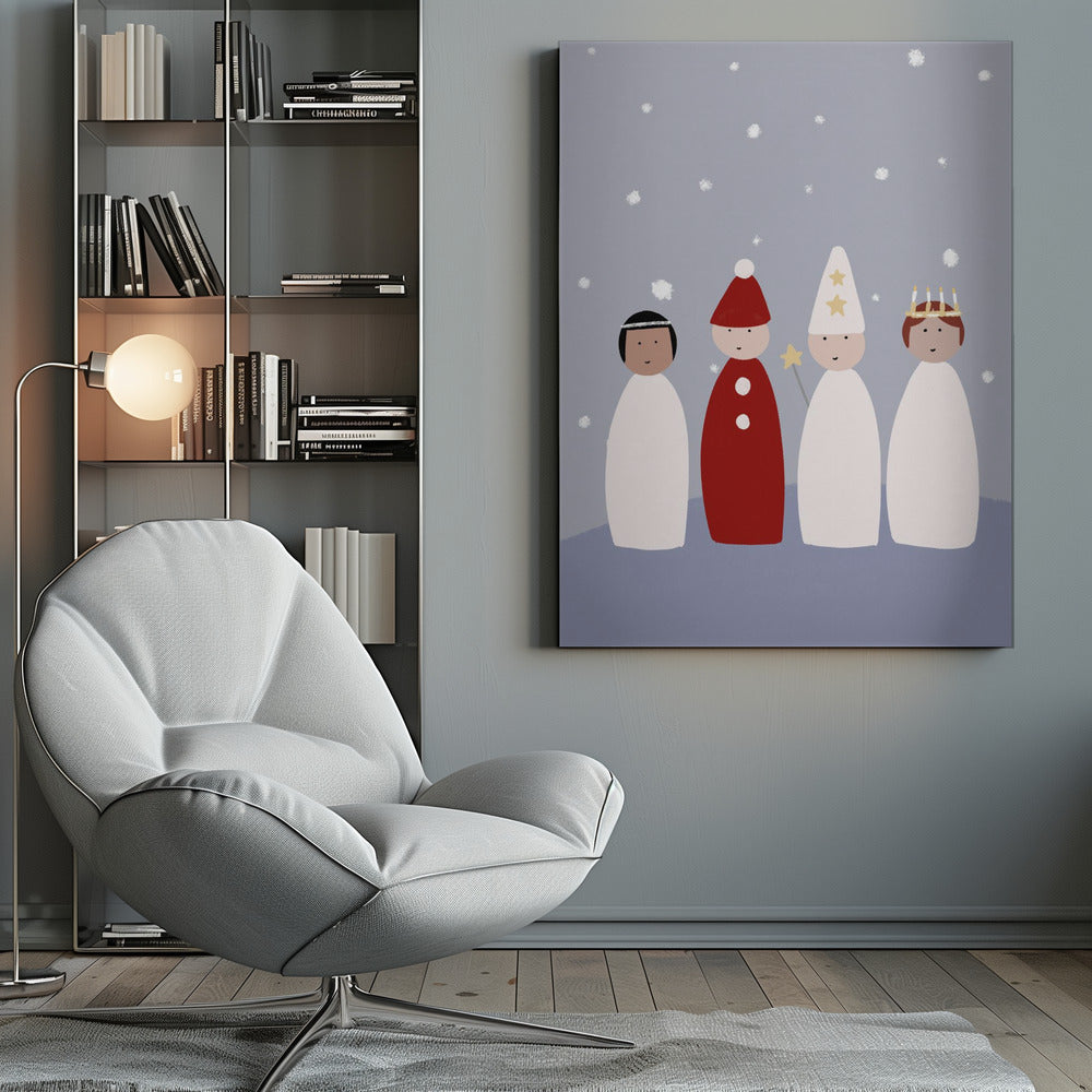 A whimsical illustration of four children dressed for a Saint Lucia procession, standing against a light blue background with falling snow. The figures are stylized with simple shapes, featuring a Lucia with a candle crown, a star boy with a pointed hat and star wand, and a gingerbread man or 'tomte' in red. Poster
