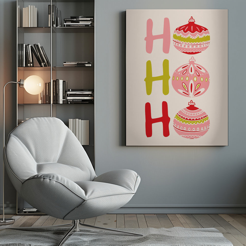 A modern illustrated Christmas poster with 'Ho Ho Ho' written vertically. The letters 'H' are shown in pink, green, and red, and the 'o's are replaced with intricately patterned Christmas ball ornaments in the same color palette on a cream background. Decor