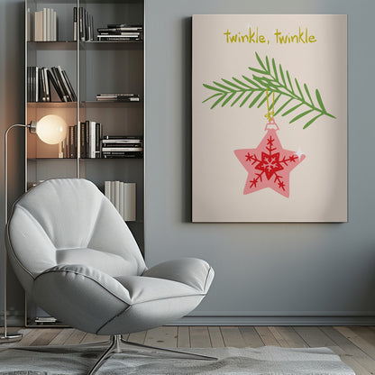 A framed piece of art with a light cream background featuring the words 'twinkle, twinkle' in a playful yellow-green font. Below the text, a pink star-shaped Christmas ornament with red snowflake designs hangs from a green pine branch. Print