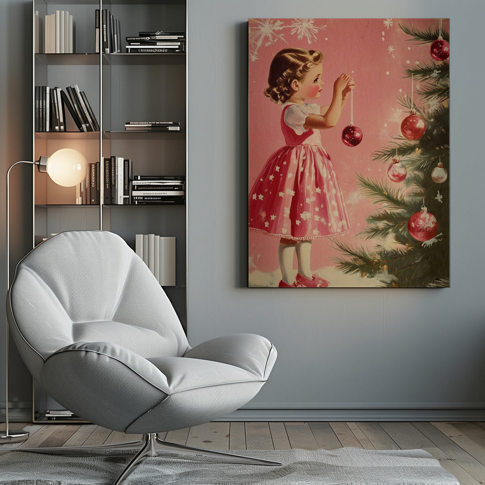 A vintage illustration of a young girl in a pink and white dress decorating a Christmas tree. She is carefully hanging a shiny red ornament on a branch against a soft pink background with snowflakes. Wall Art