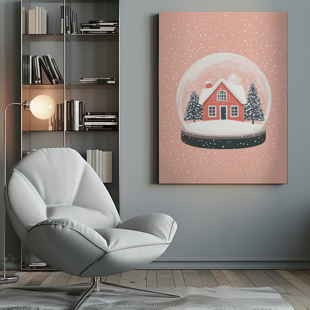 A charming illustration of a snow globe with a red house and two pine trees inside, all covered in snow. The snow globe is set against a soft pink background with white dots falling like snow, enclosed in a thin black frame. Poster