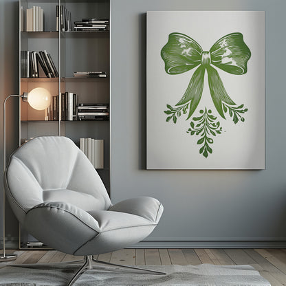 A vintage-style linocut print of a large green bow with leafy accents on a white background, enclosed in a thin black frame. The bow is detailed with lines suggesting texture and shadow, and foliage hangs from its ribbons. Artwork