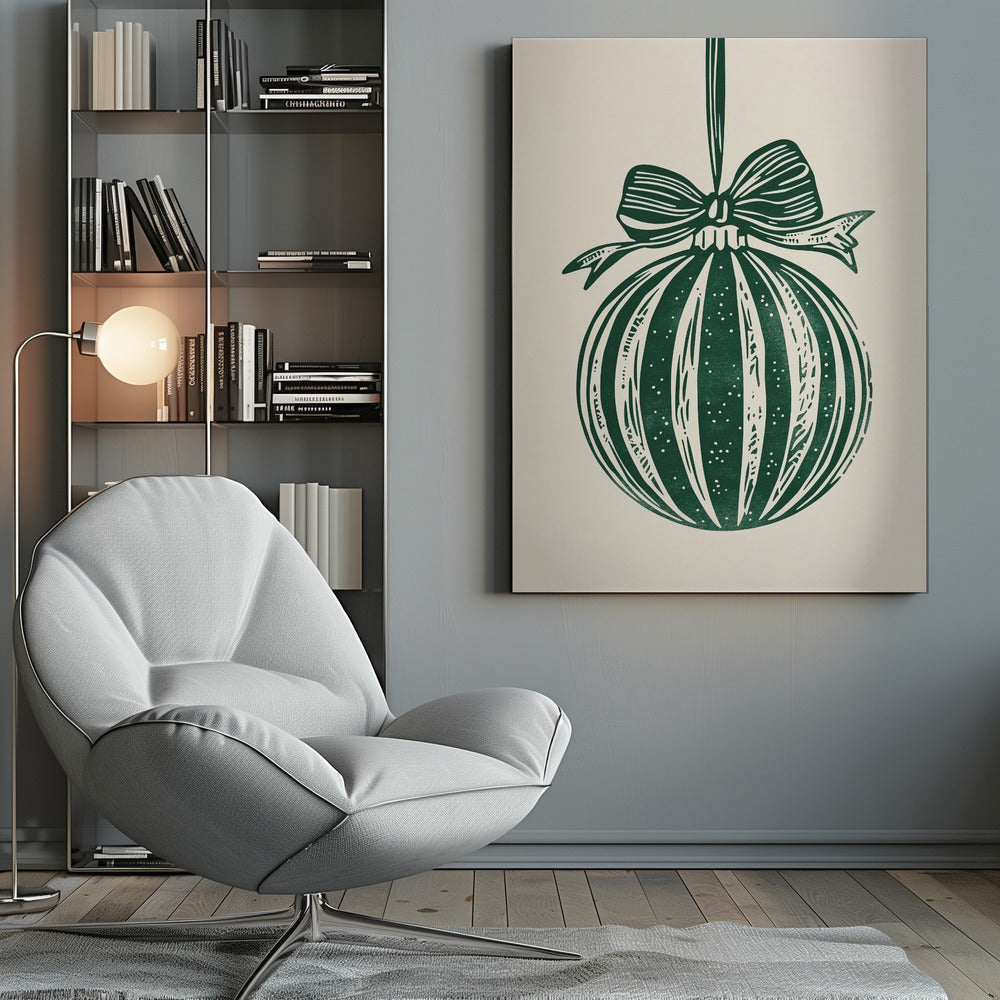 A vintage-style linocut print of a dark green Christmas bauble with a large bow, hanging against a cream background. The ornament features vertical stripes and white speckles, and the entire artwork is presented in a simple black frame. Artwork