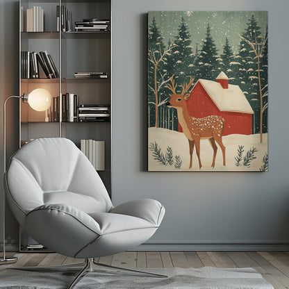 A stylized illustration of a serene winter scene featuring a spotted deer with antlers standing in the snow. In the background, a classic red barn with a snow-covered roof is nestled among a dense forest of dark green pine trees as snowflakes fall from a pale green sky. Poster