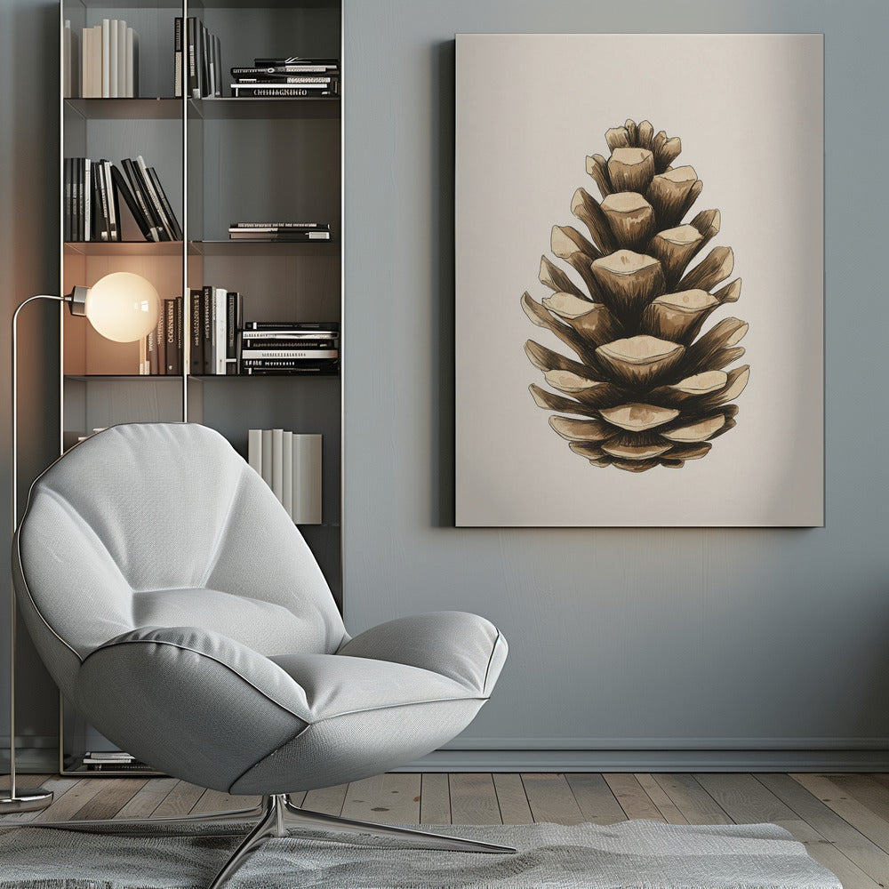 A detailed watercolor and ink illustration of a single brown pinecone, centered against a light cream background and displayed in a thin black frame. Artwork