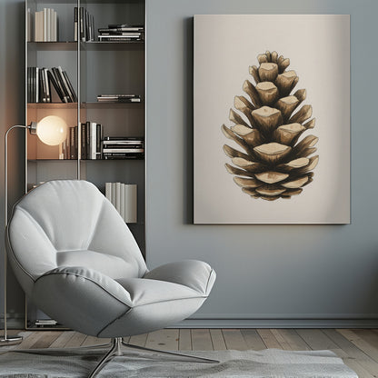 A detailed watercolor and ink illustration of a single brown pinecone, centered against a light cream background and displayed in a thin black frame. Artwork