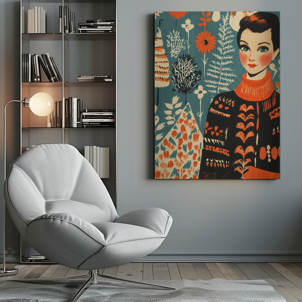 A vintage-style illustration of a woman with short dark hair and blue eyes wearing a black and orange patterned turtleneck sweater. The background is a teal color with a folk art pattern of flowers and plants in orange, white, and black. Poster